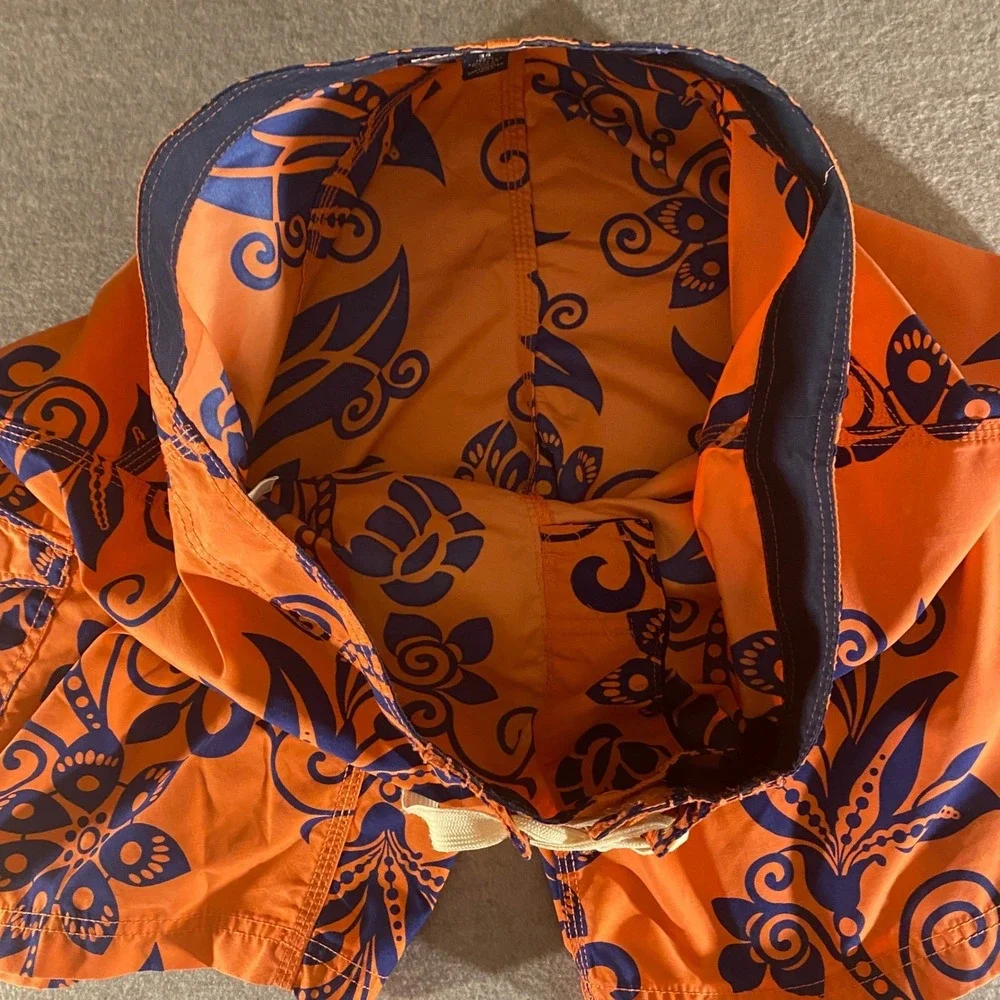 Reyn Spooner Mens Swim Trunks Orange Navy Floral Tropical Board Shorts Size 34